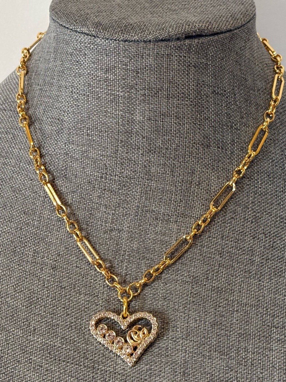 Authentic Gucci Heart charm with crystals on 18 karat gold plated 17" chain